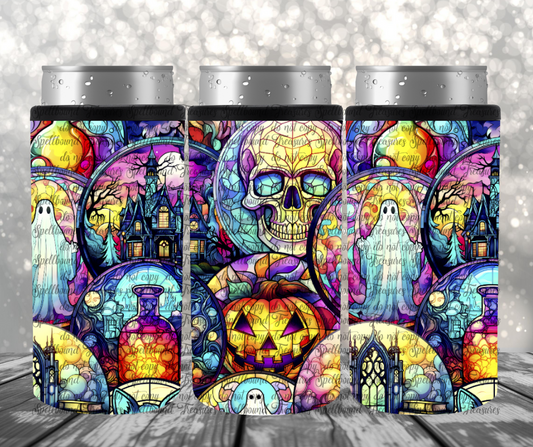 Halloween Stained Glass Print Slim Can Cooler