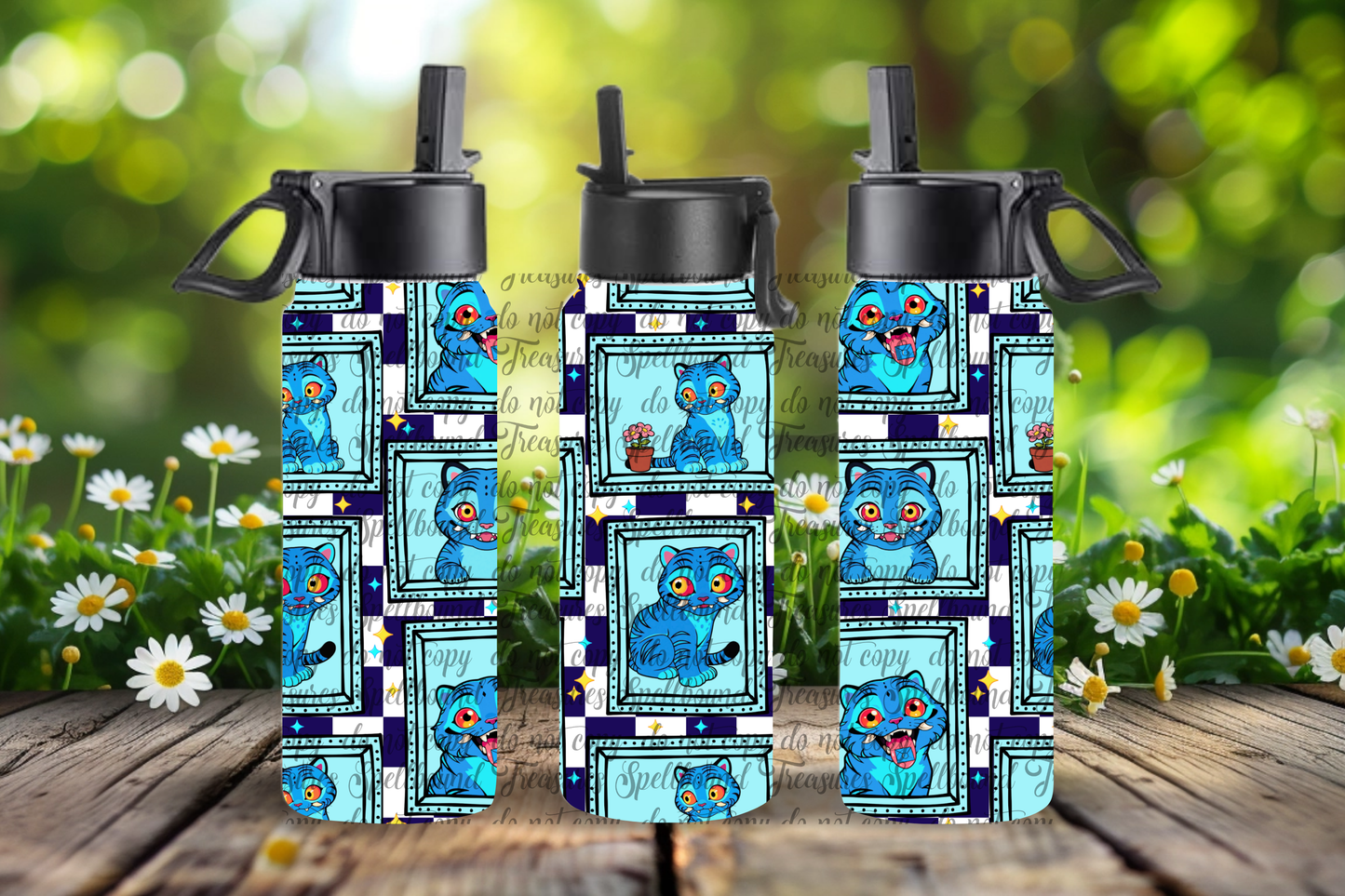 The Cat Blue Checkered Water Bottle